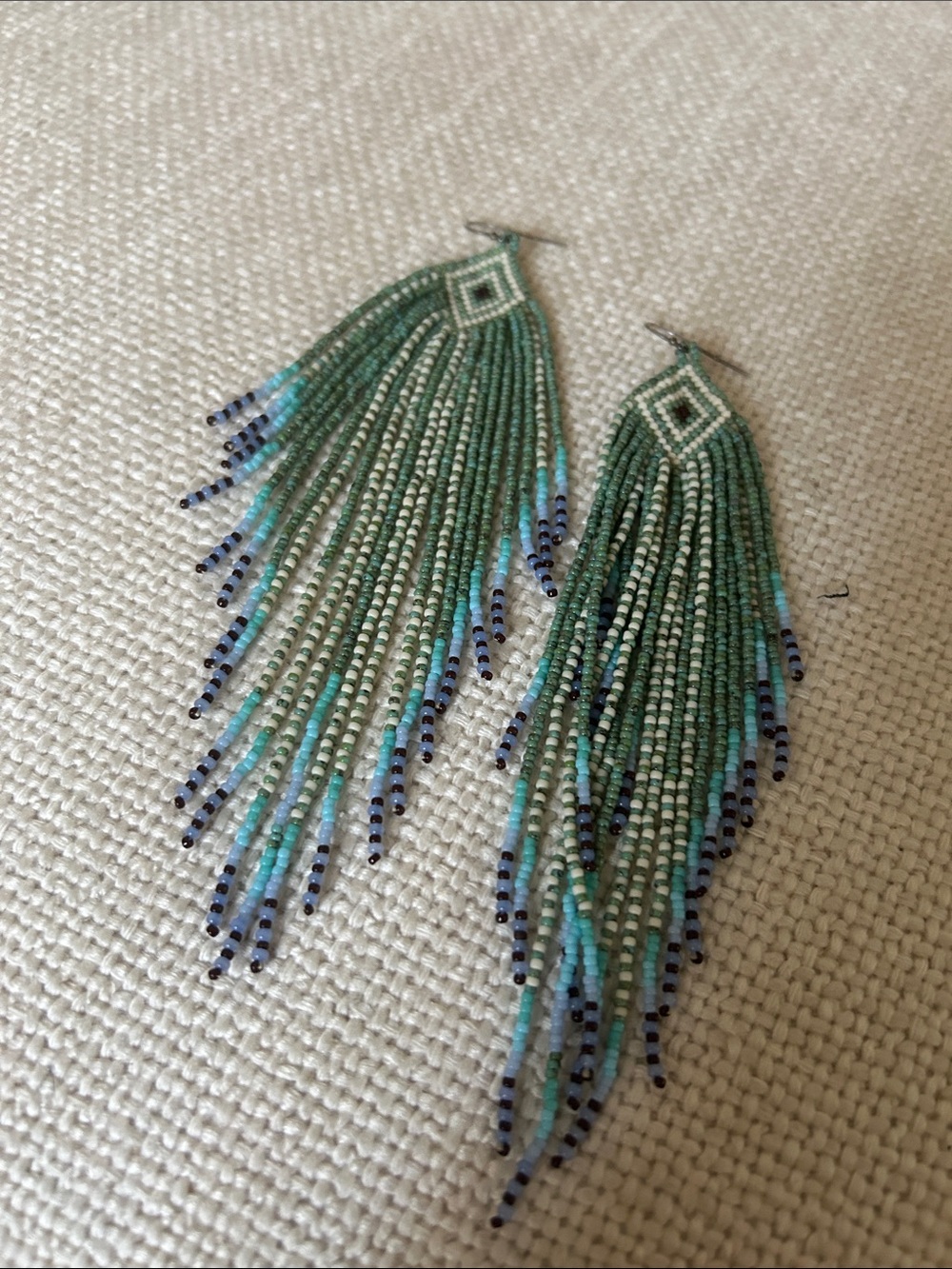 Handmade Beaded Fringe Earrings in Green and Blue